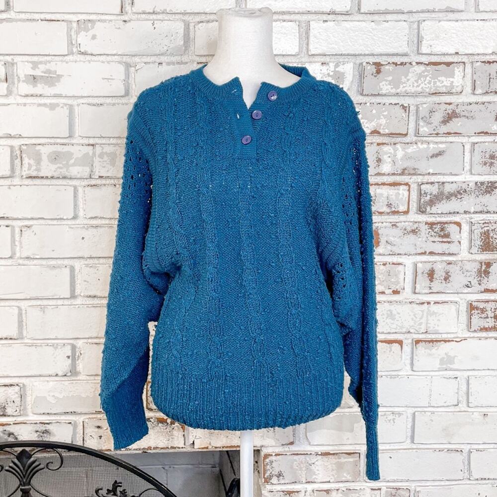 Vintage 80s Le Roy Knitwear Turquoise Long Sleeve Button Sweater Size Small